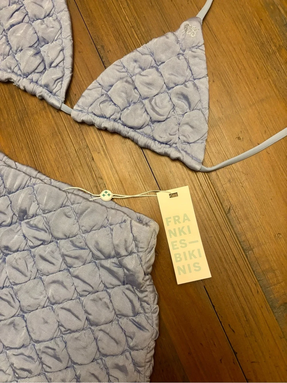 NWT Frankie’s bikinis quilted blue puff triangle top and skirt set